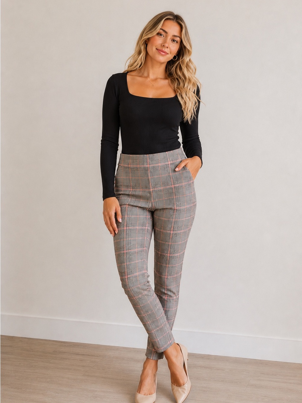 Old Navy Plaid Ankle Pants with Pink Windowpane